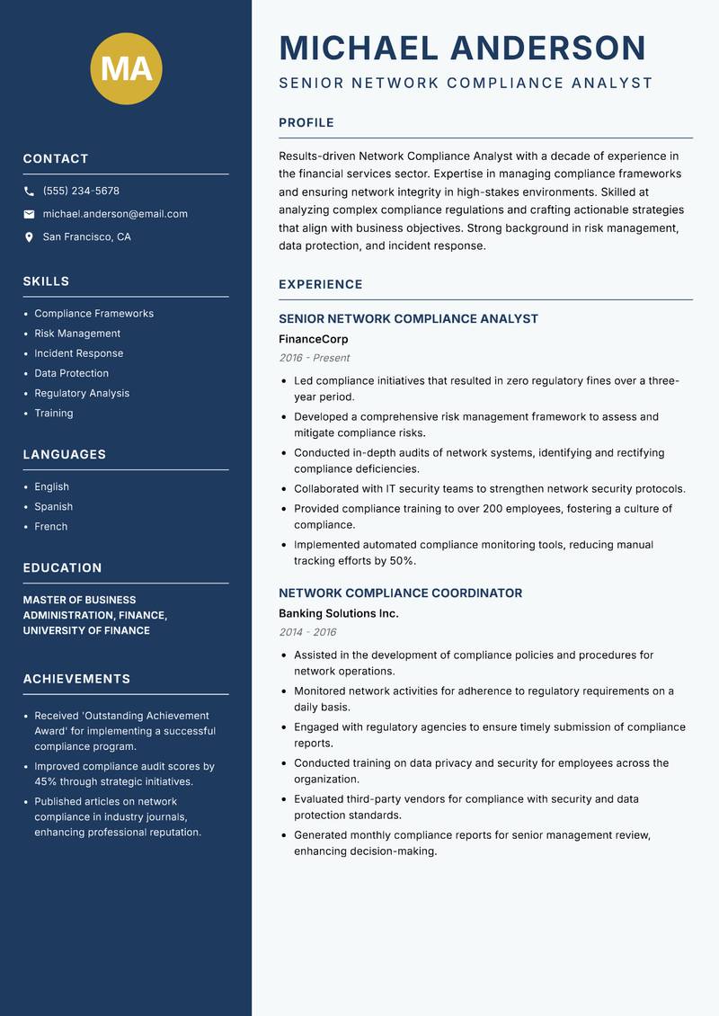Network Compliance Analyst Resume Preview Example