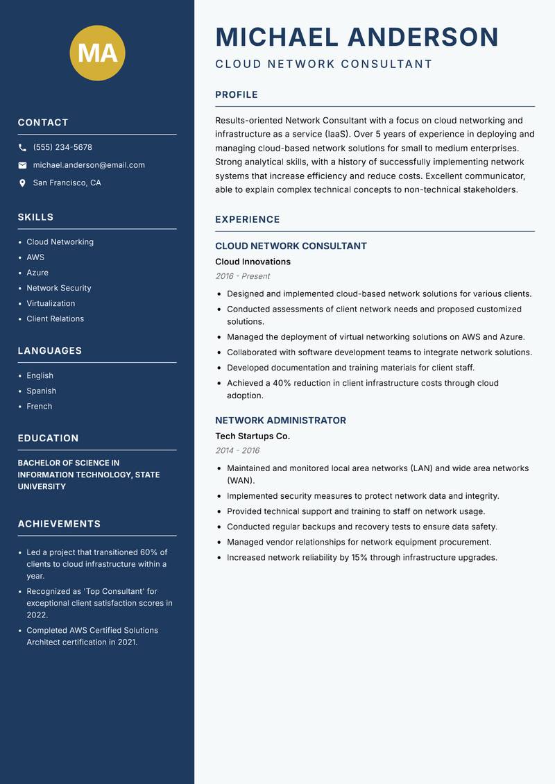 Network Consultant Resume Preview Example
