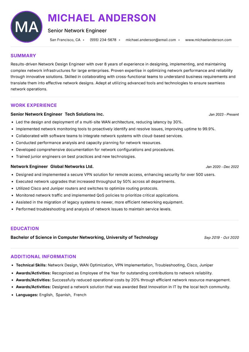 Network Design Engineer Resume Preview Example