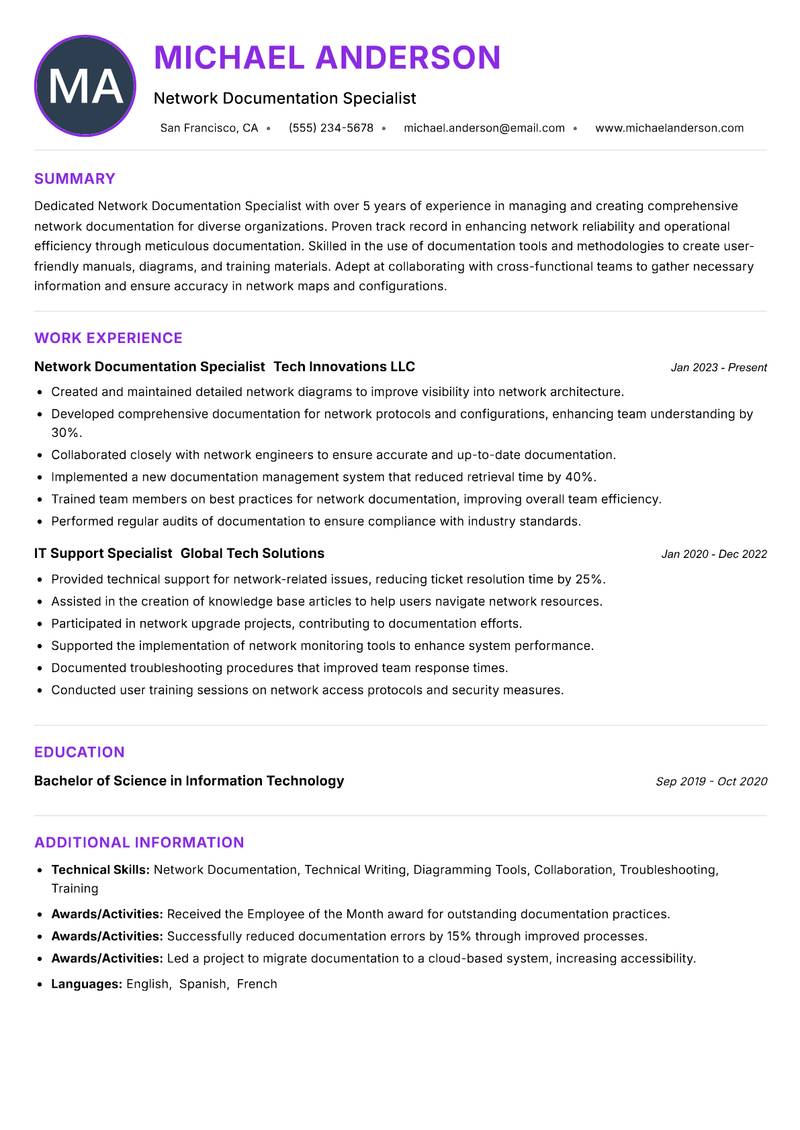 Network Documentation Specialist Resume Preview Example