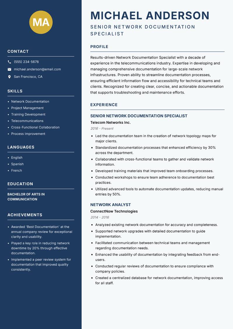 Network Documentation Specialist Resume Preview Example