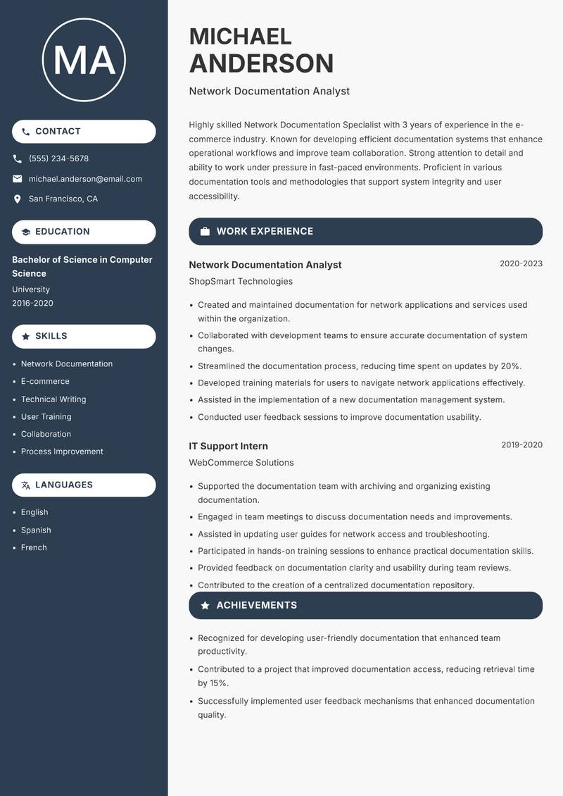 Network Documentation Specialist Resume Preview Example