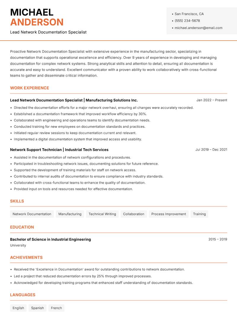 Network Documentation Specialist Resume Template