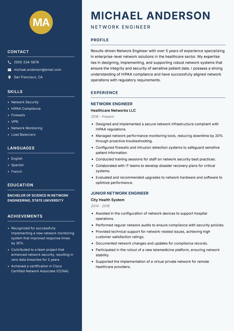 Network Engineer Resume Preview Example