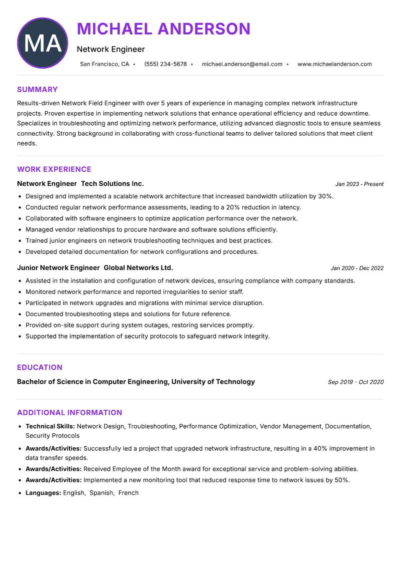 Network Field Engineer Resume Preview Example