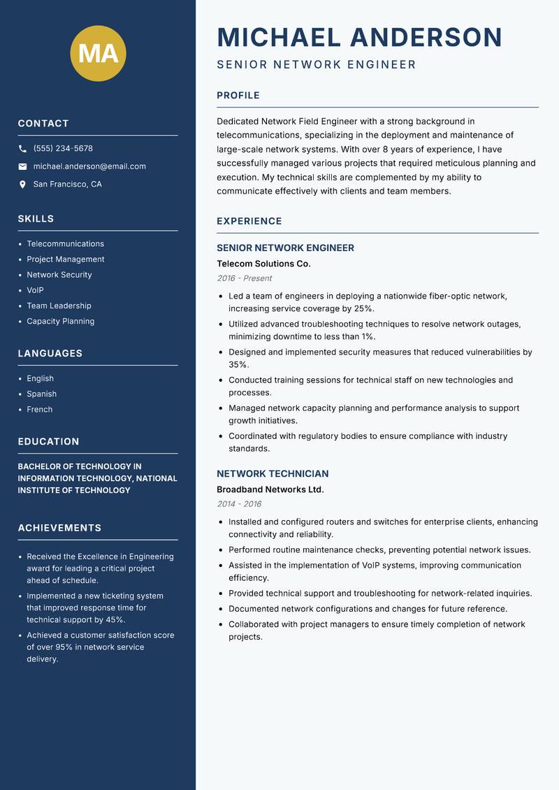 Network Field Engineer Resume Preview Example