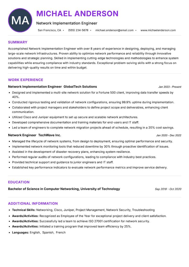 Network Implementation Engineer Resume Preview Example