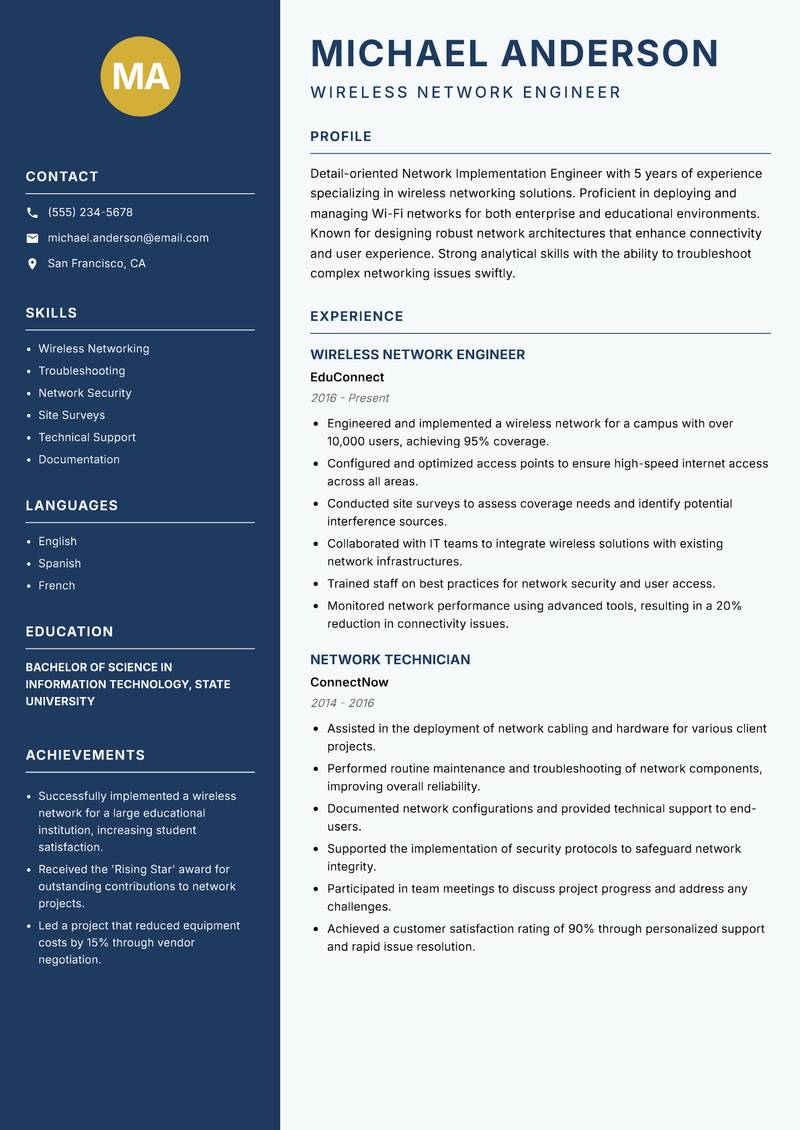 Network Implementation Engineer Resume Preview Example