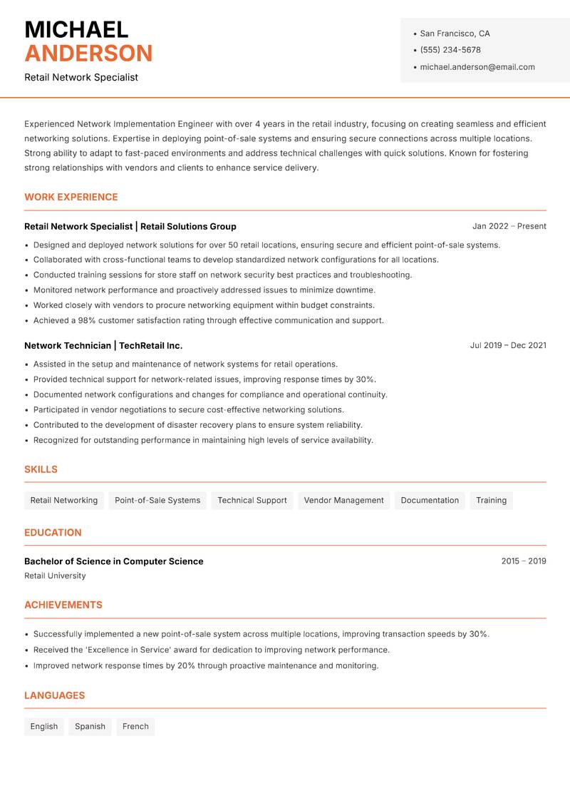 Network Implementation Engineer Resume Template