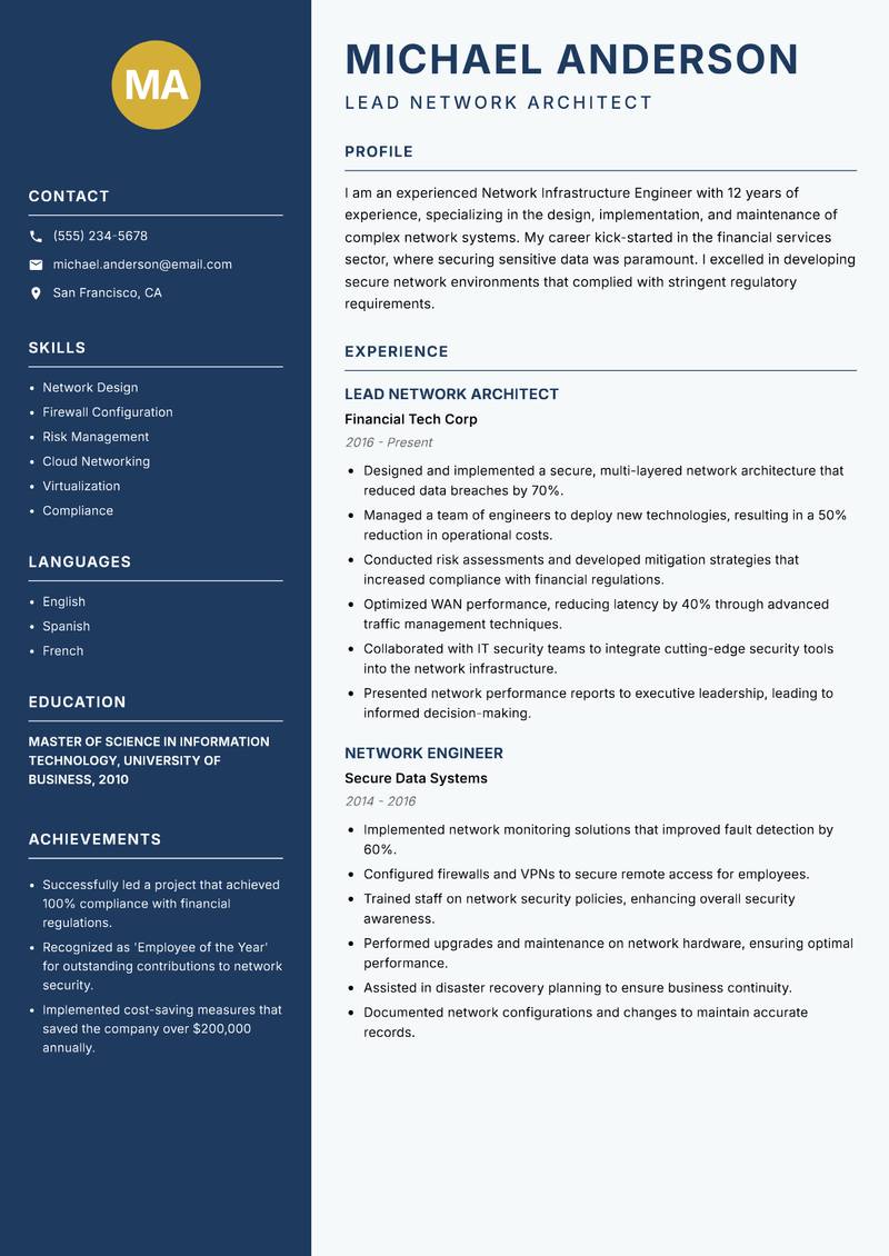 Network Infrastructure Engineer Resume Preview Example