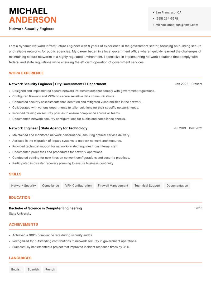 Network Infrastructure Engineer Resume Template