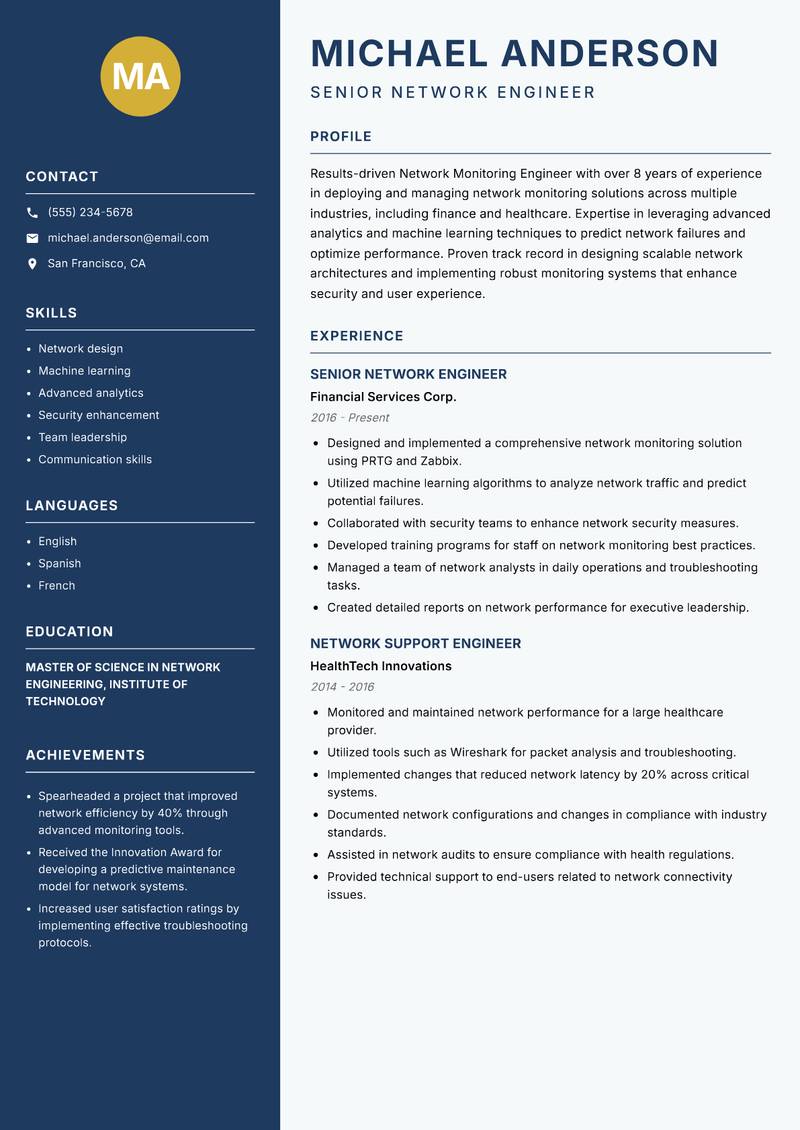 Network Monitoring Engineer Resume Preview Example