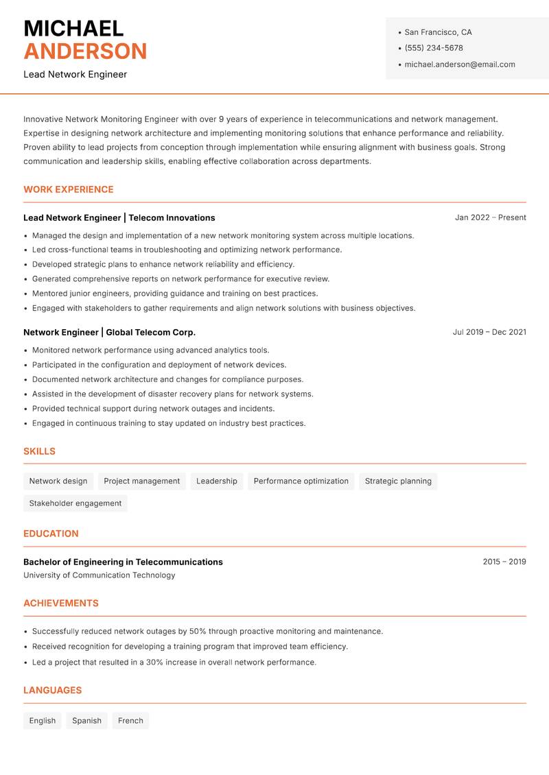 Network Monitoring Engineer Resume Template