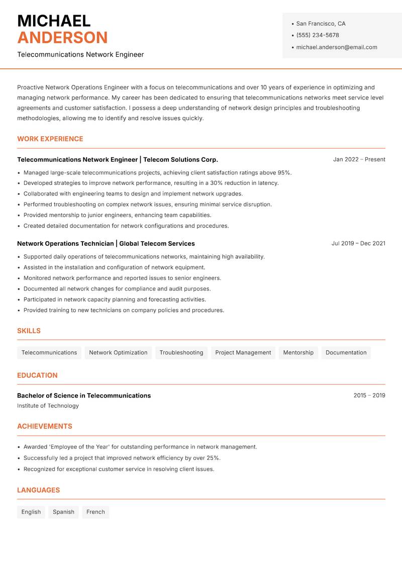 Network Operations Engineer Resume Template