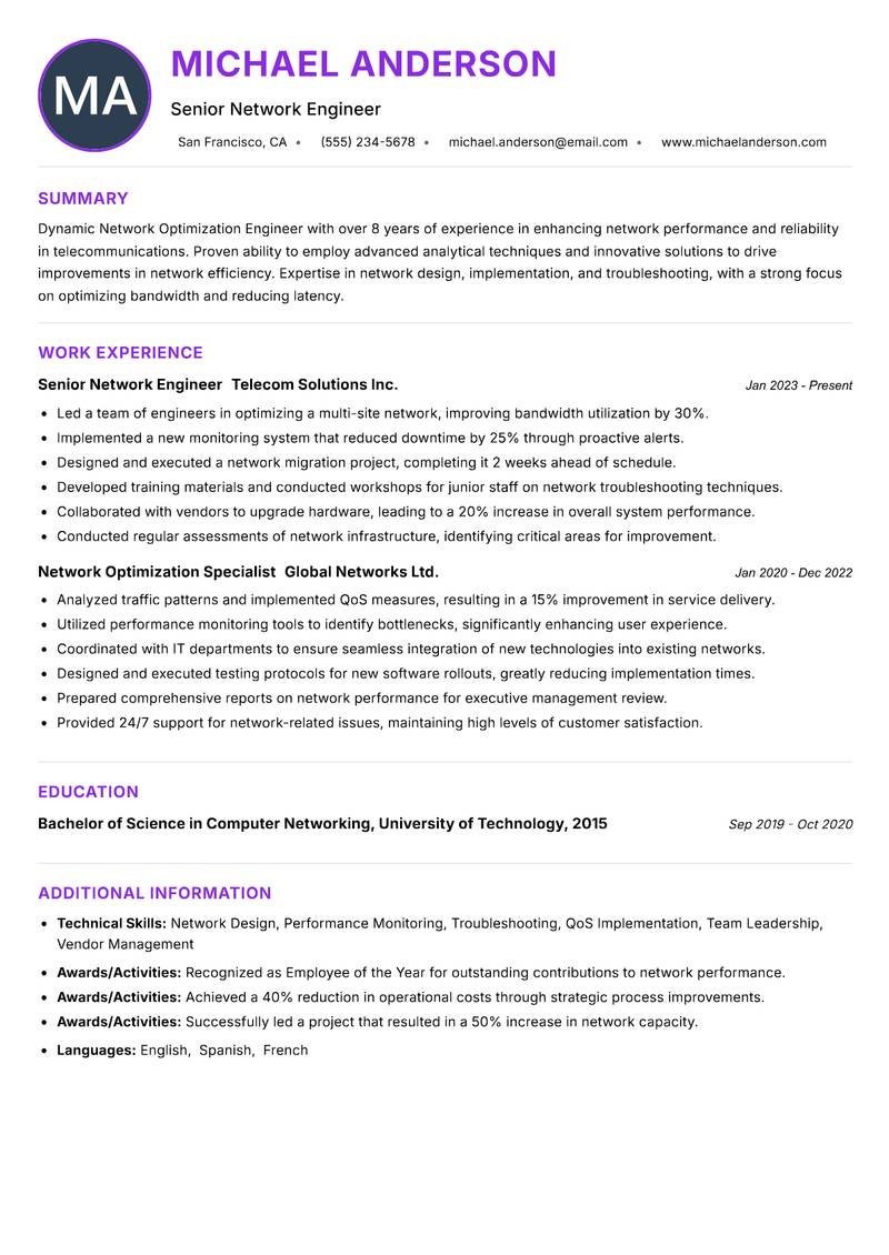 Network Optimization Engineer Resume Preview Example