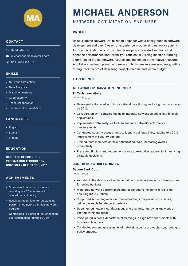 Network Optimization Engineer Resume Preview Example