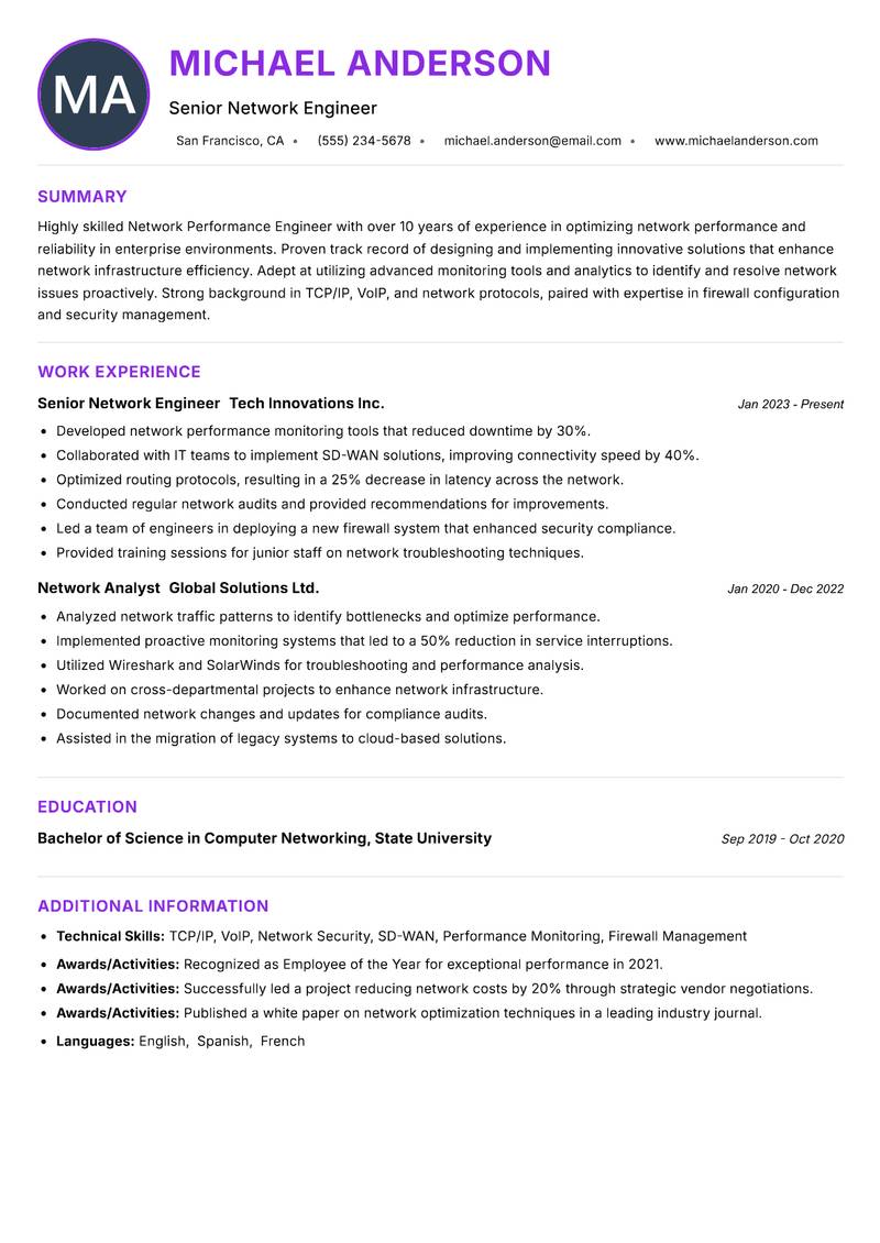 Network Performance Engineer Resume Preview Example