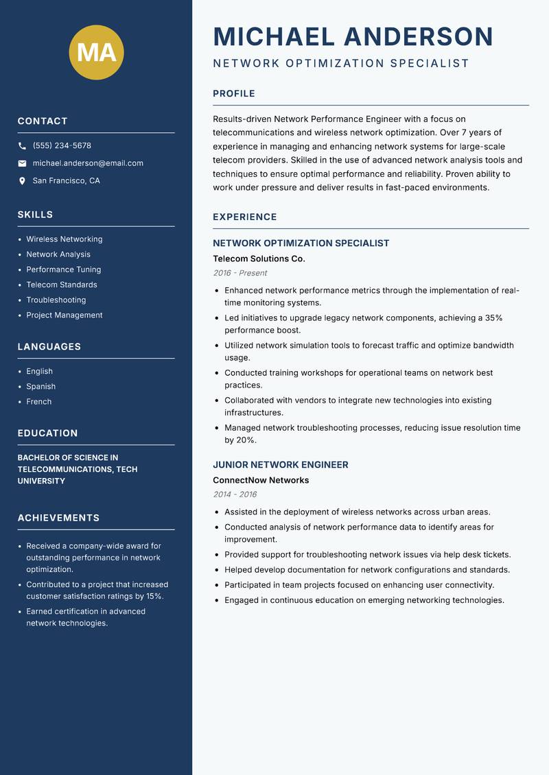 Network Performance Engineer Resume Preview Example