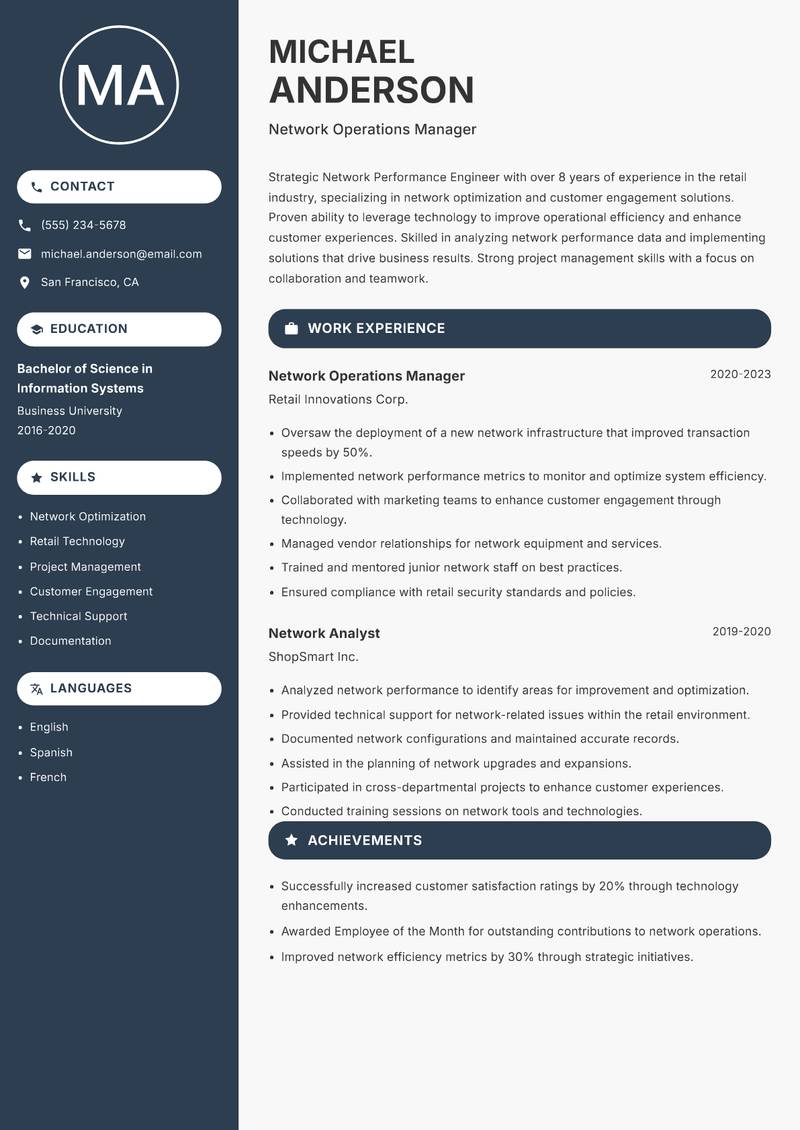 Network Performance Engineer Resume Preview Example