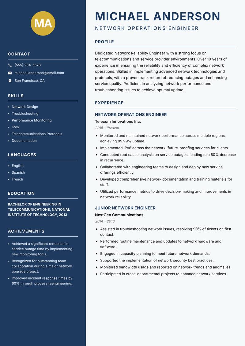 Network Reliability Engineer Resume Preview Example