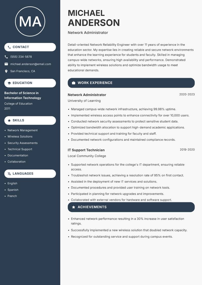Network Reliability Engineer Resume Preview Example