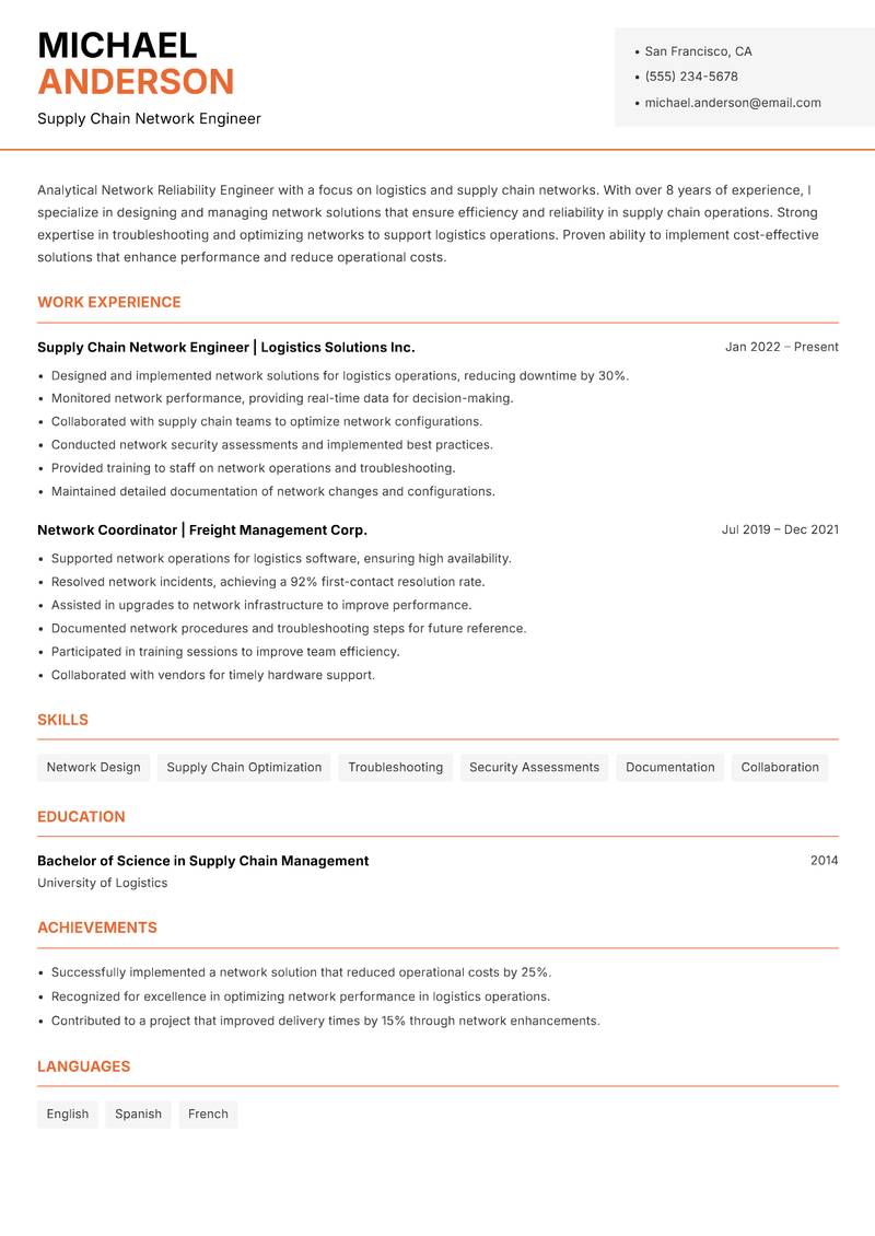 Network Reliability Engineer Resume Template