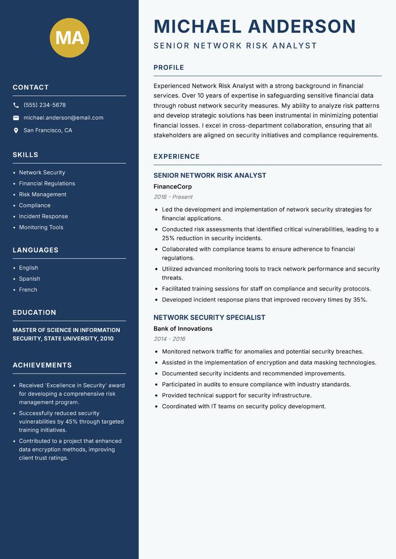 Network Risk Analyst Resume Preview Example
