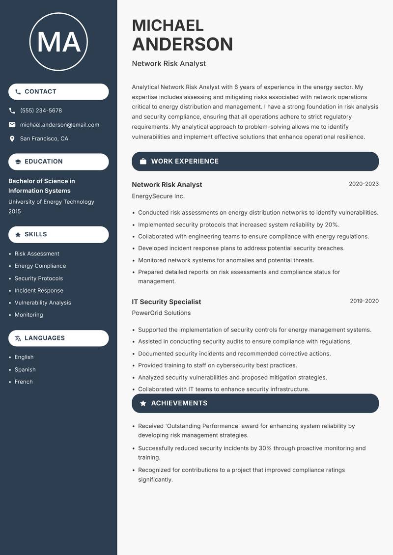 Network Risk Analyst Resume Preview Example