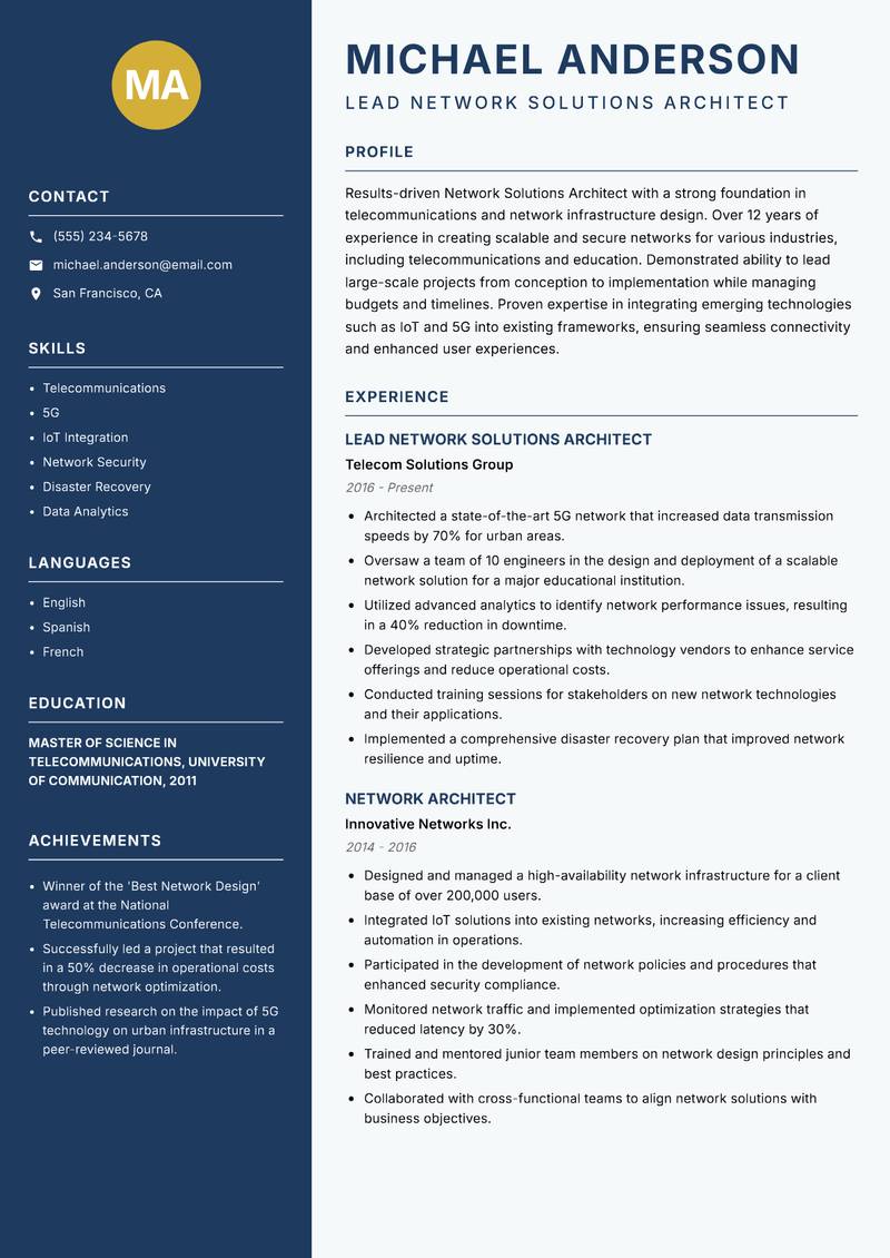 Network Solutions Architect Resume Preview Example