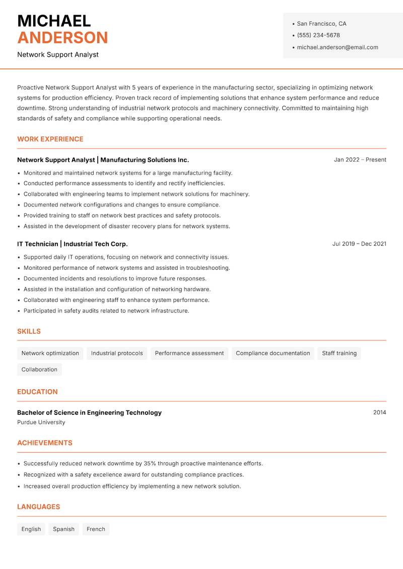 Network Support Analyst Resume Template