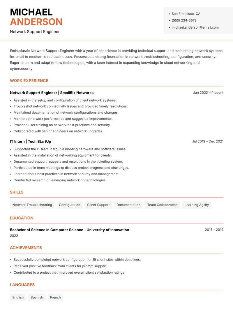 Network Support Engineer Resume Template
