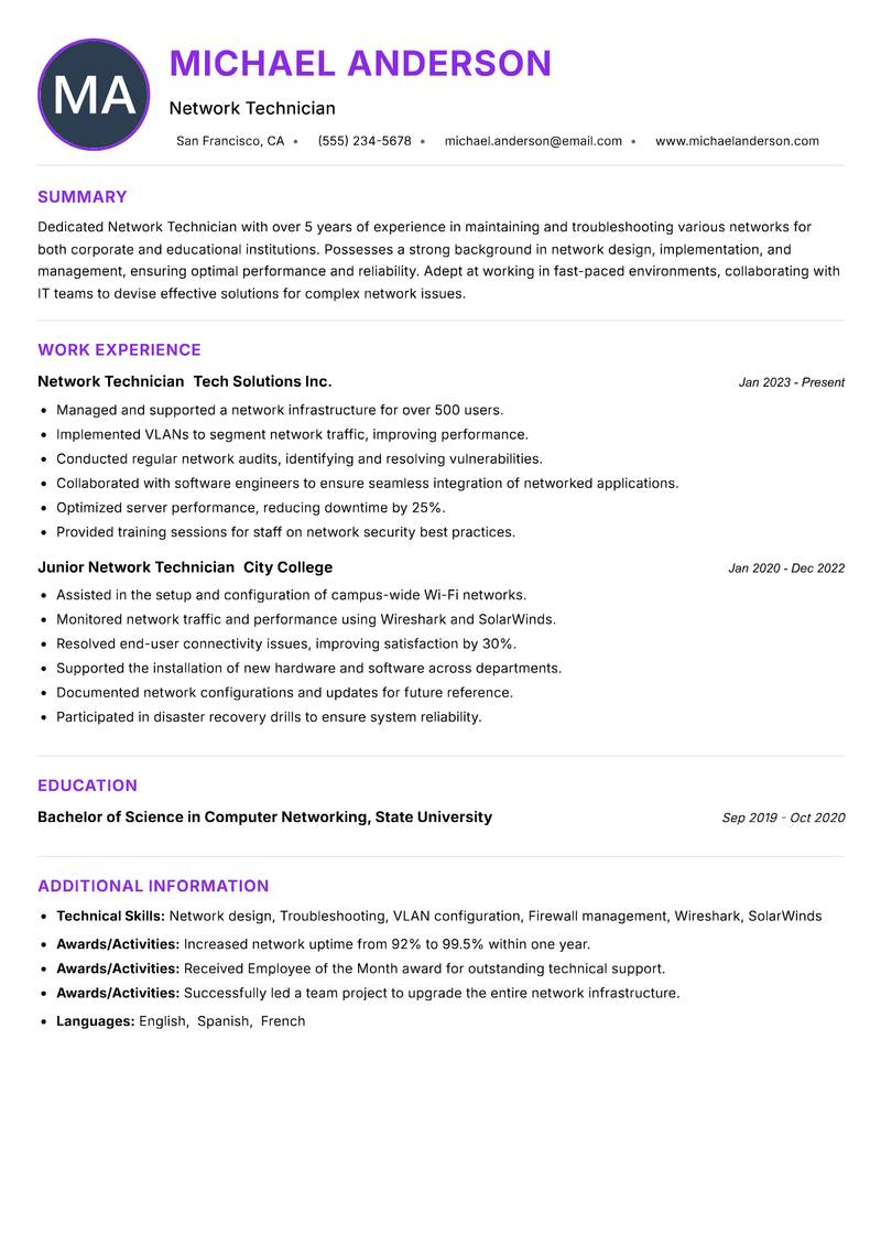 Network Technician Resume Preview Example