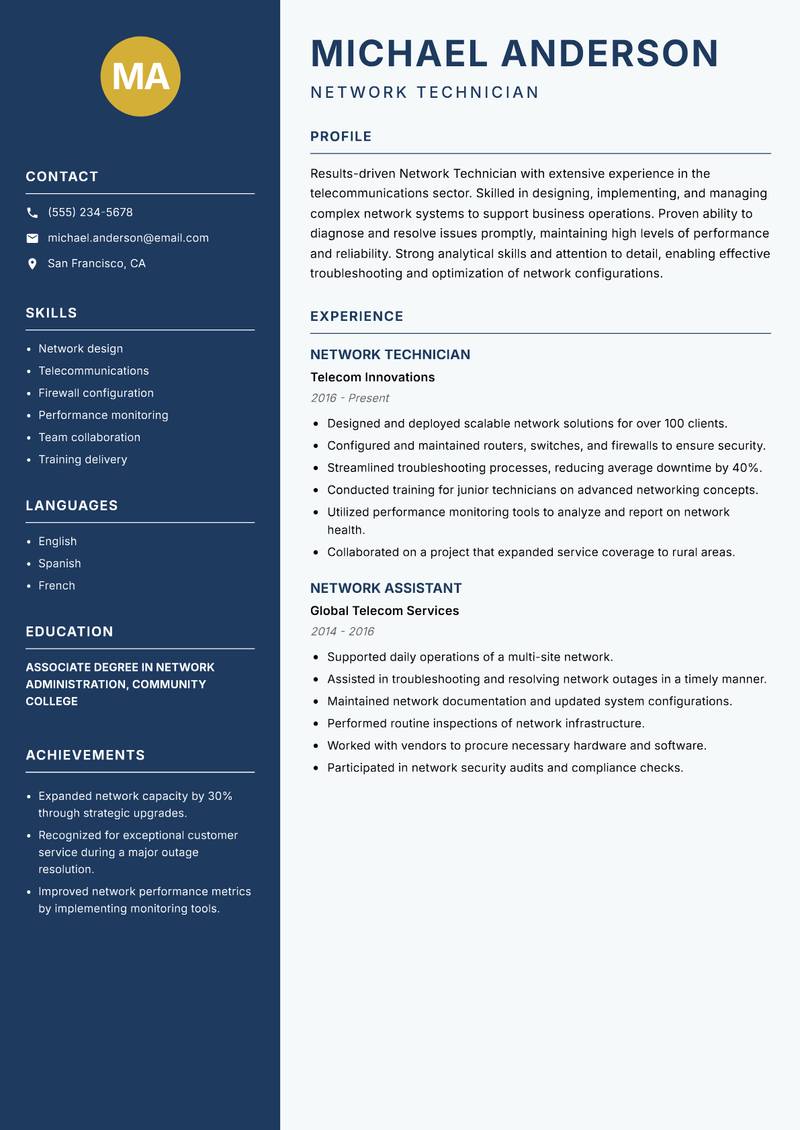 Network Technician Resume Preview Example