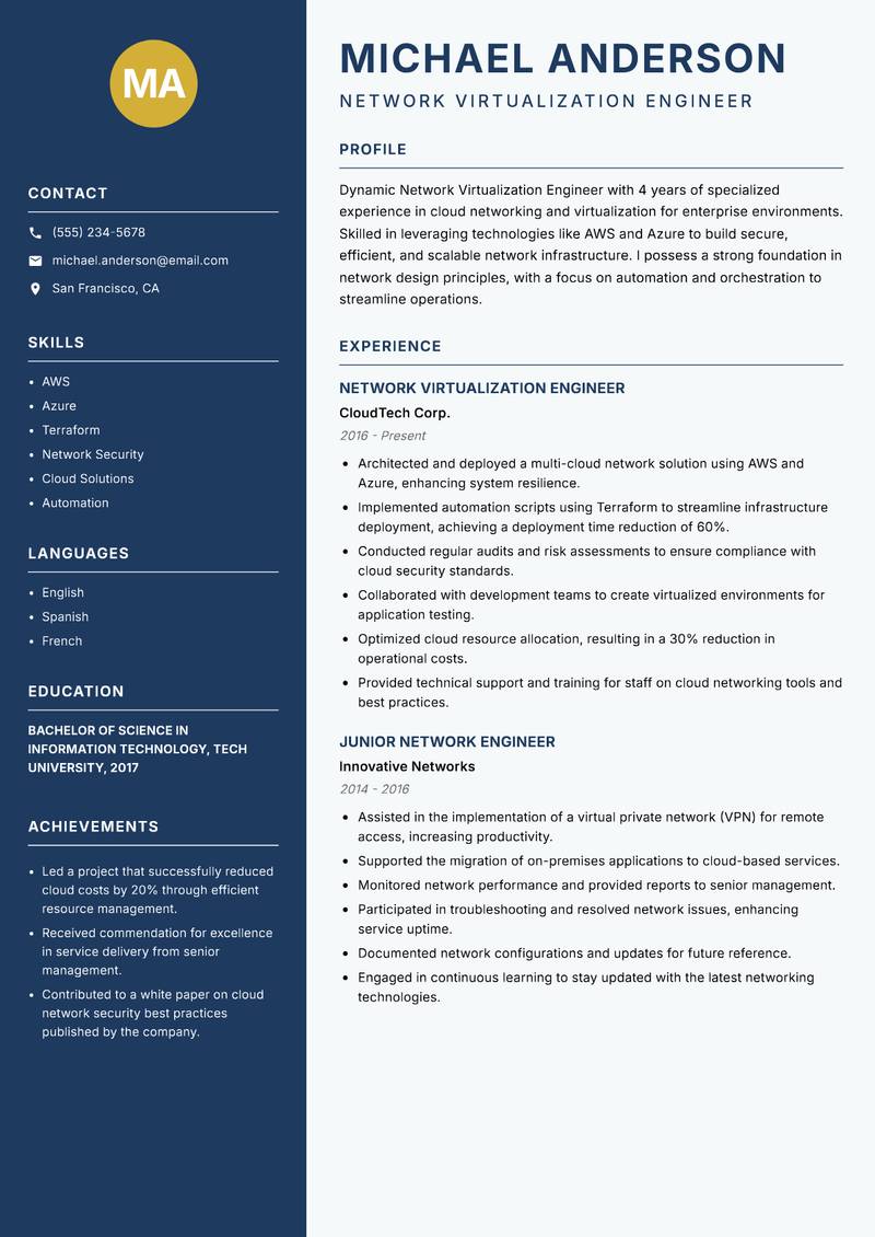 Network Virtualization Engineer Resume Preview Example