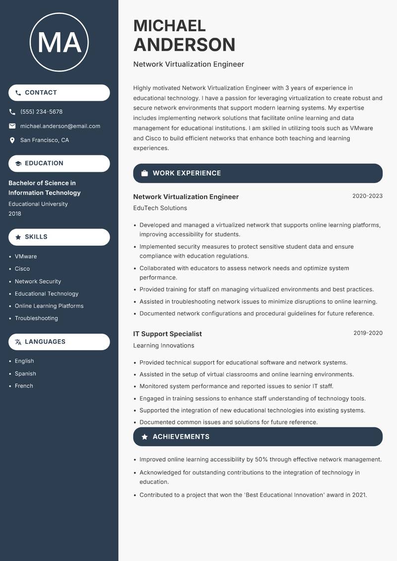 Network Virtualization Engineer Resume Preview Example