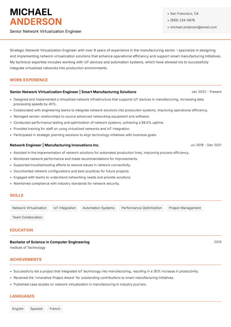 Network Virtualization Engineer Resume Template