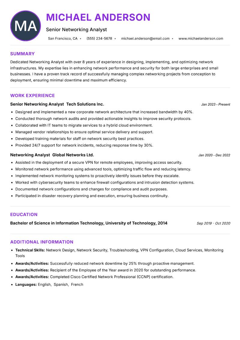 Networking Analyst Resume Preview Example