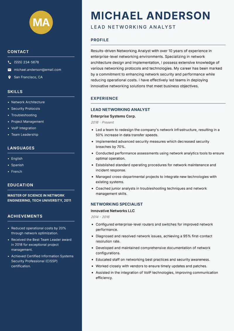 Networking Analyst Resume Preview Example