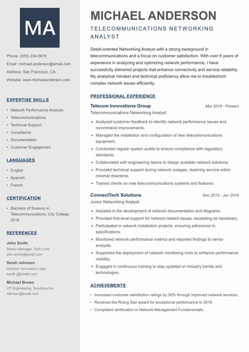 Networking Analyst Resume Preview Example