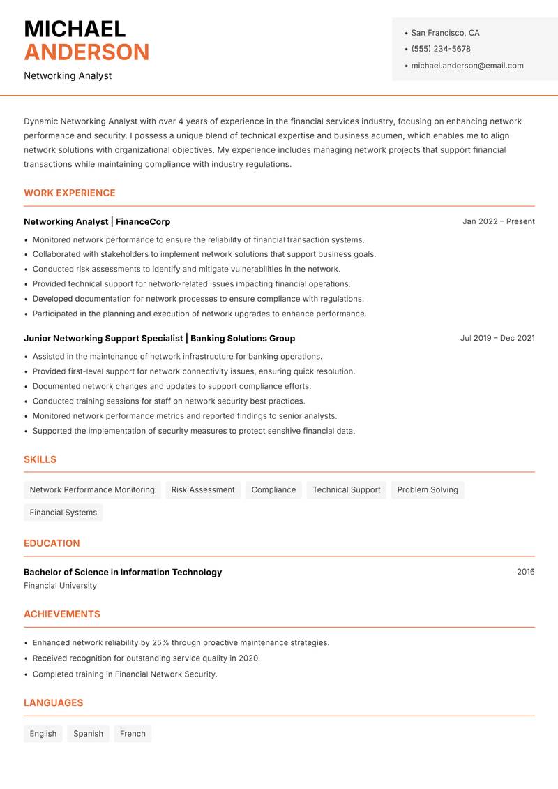 Networking Analyst Resume Template