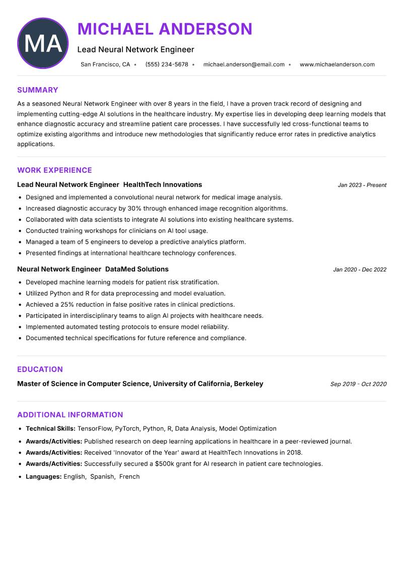 Neural Network Engineer Resume Preview Example