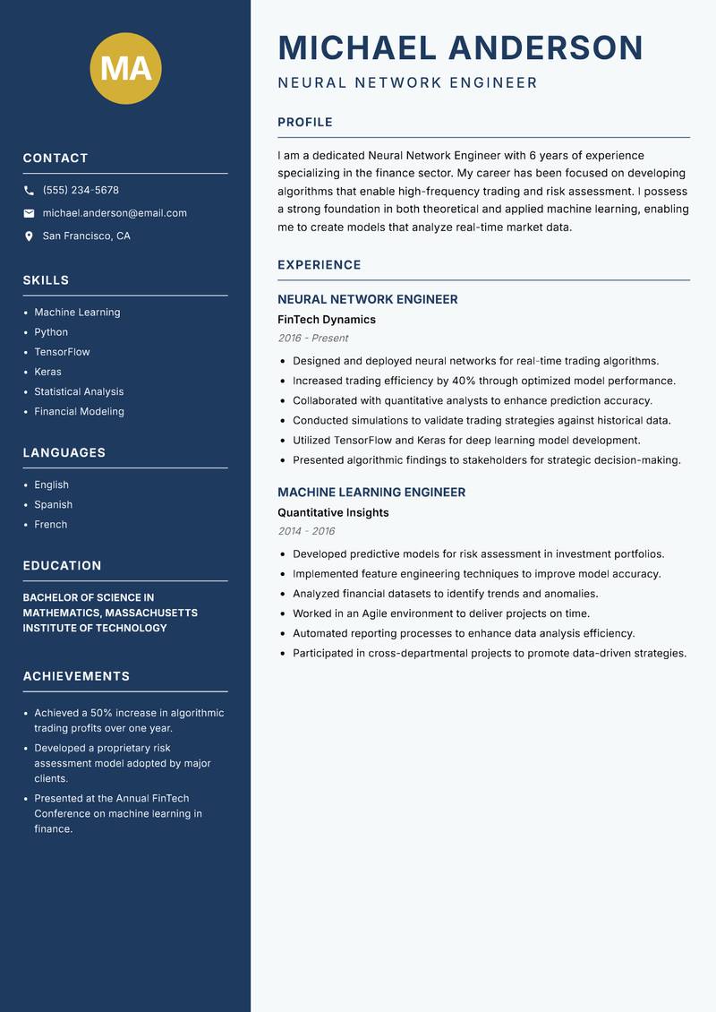 Neural Network Engineer Resume Preview Example