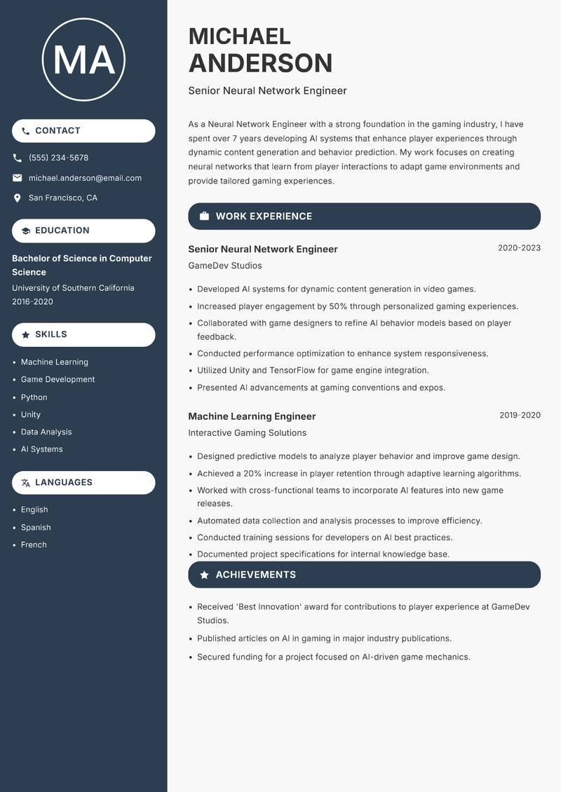 Neural Network Engineer Resume Preview Example