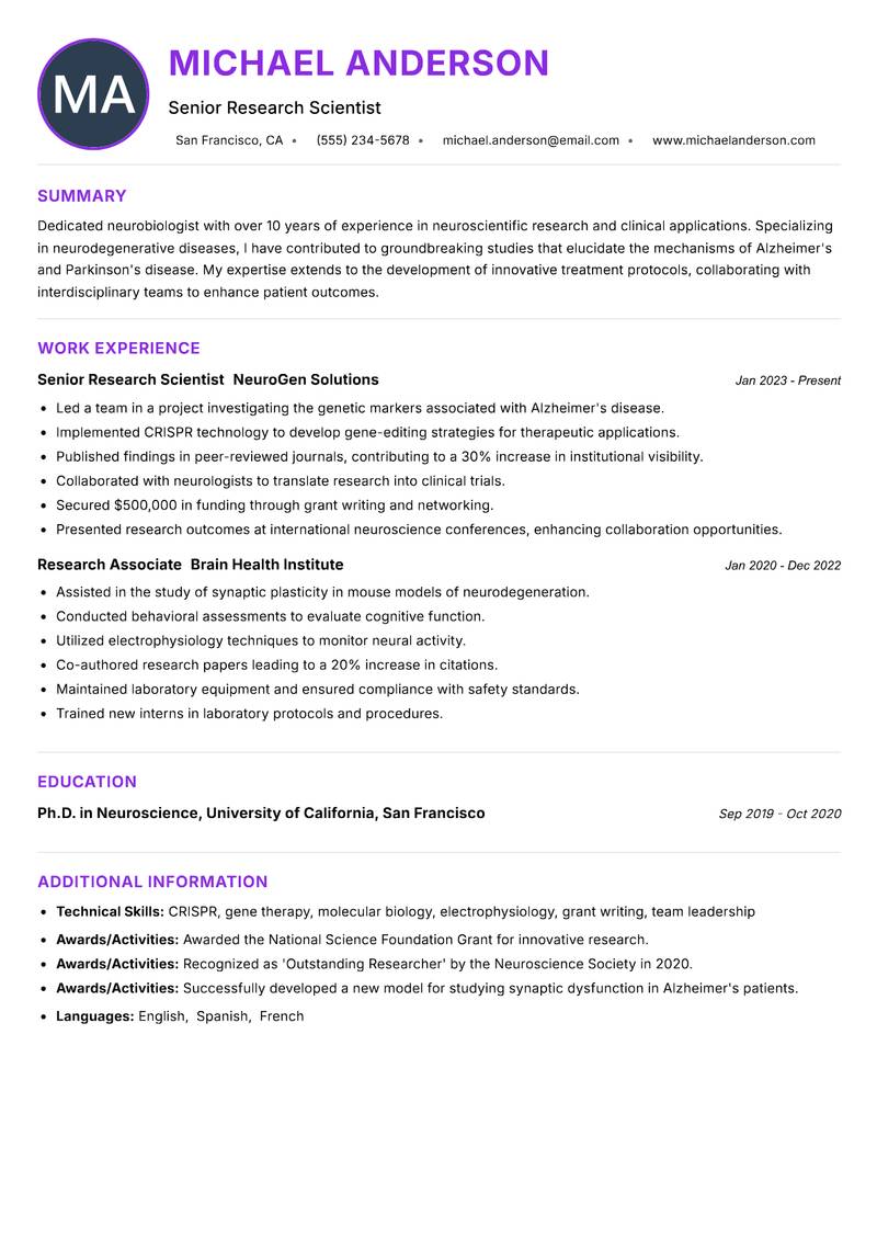 Neurobiologist Resume Preview Example