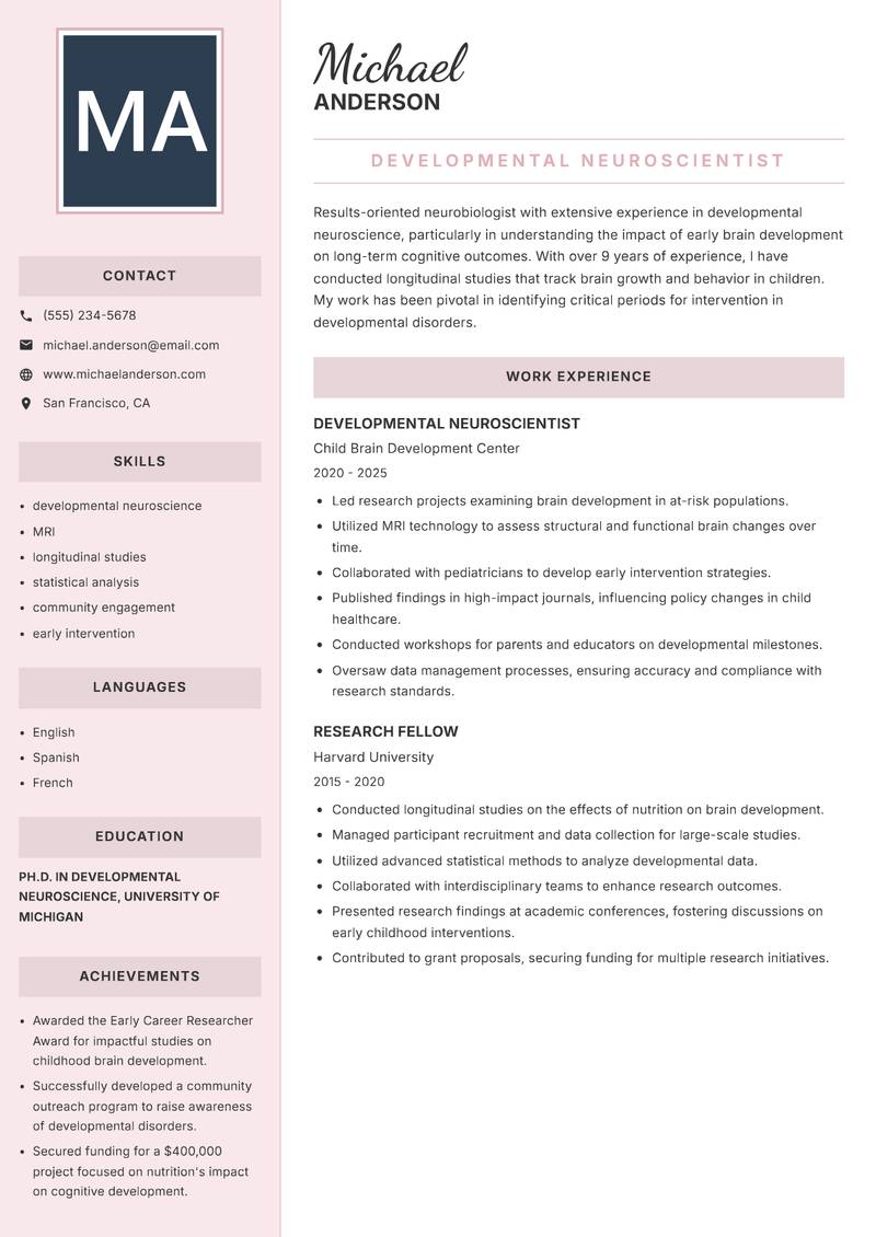 Neurobiologist Resume Preview Example