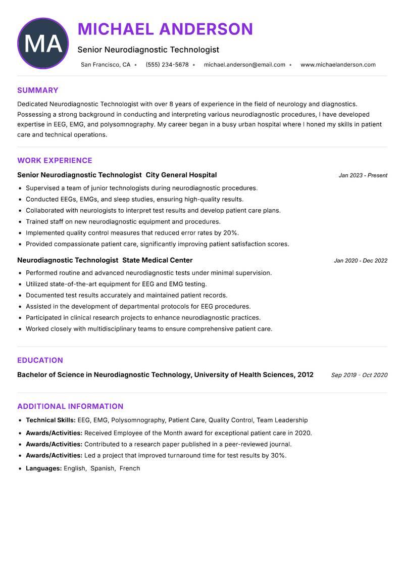 Neurodiagnostic Technologist Resume Preview Example