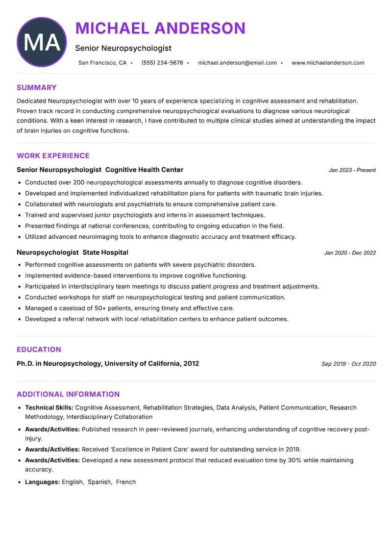 Neuropsychologist Resume Preview Example