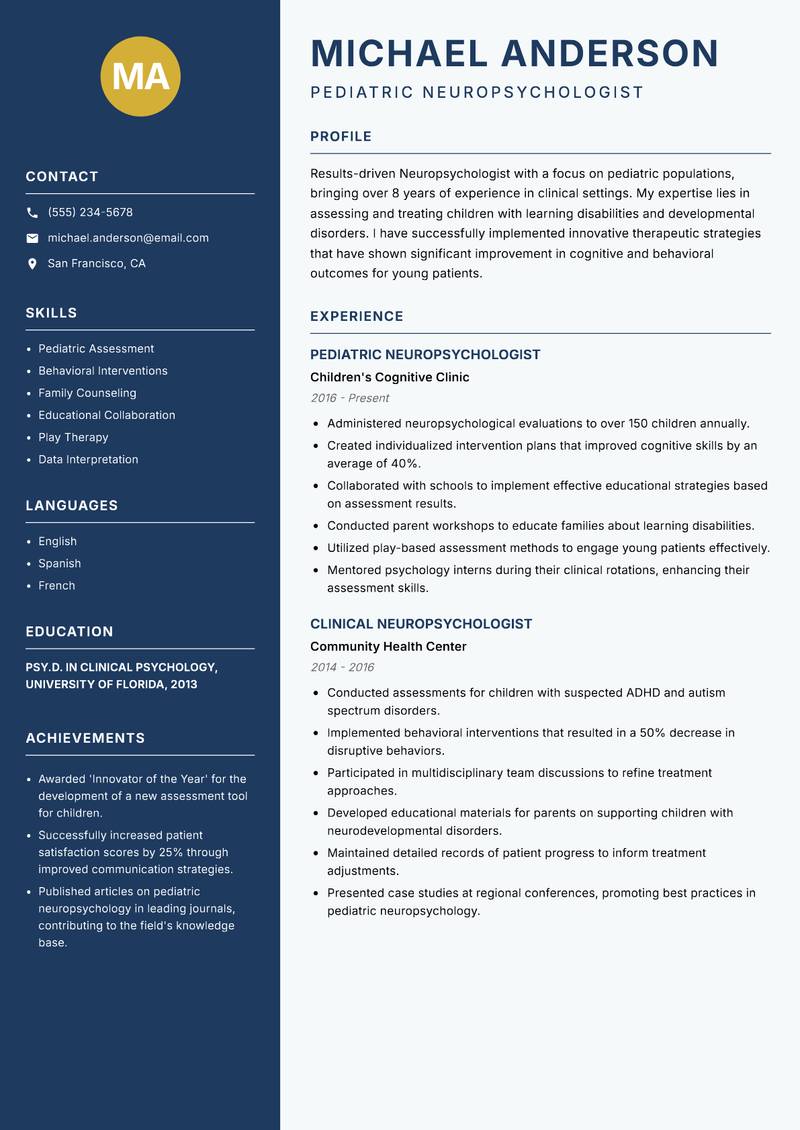 Neuropsychologist Resume Preview Example