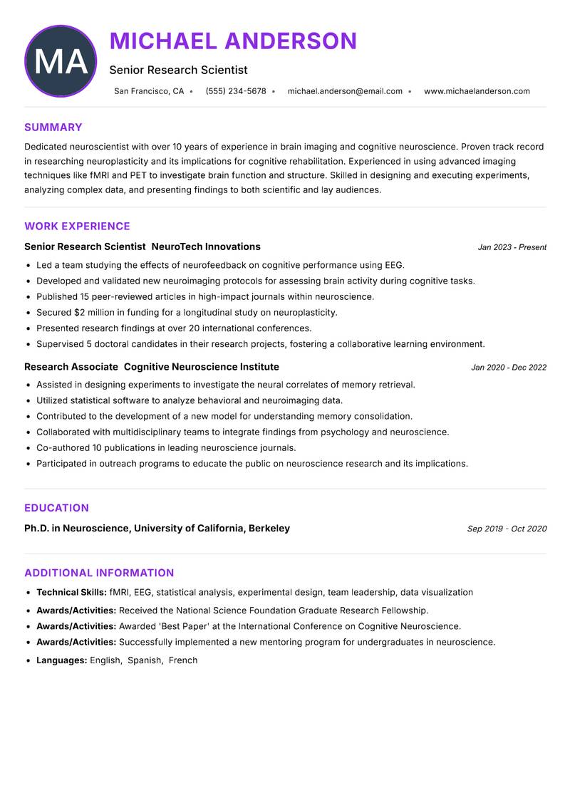 Neuroscientist Resume Preview Example