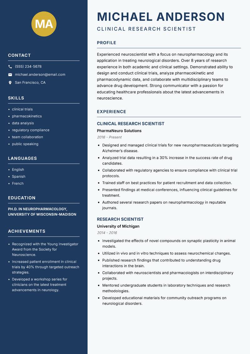 Neuroscientist Resume Preview Example